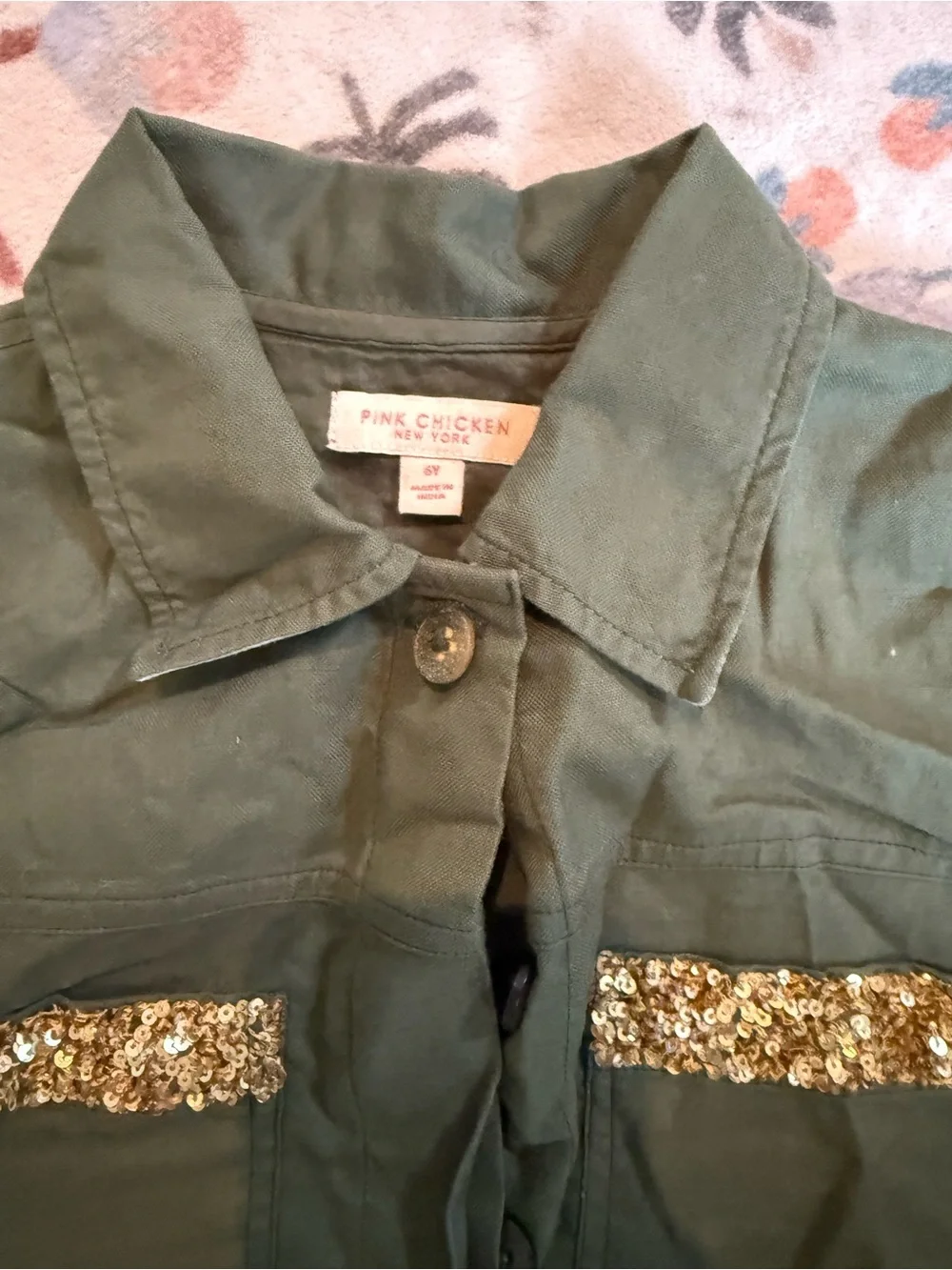 Pink Chicken Olive Green Sequin Pocket Jacket for Kids